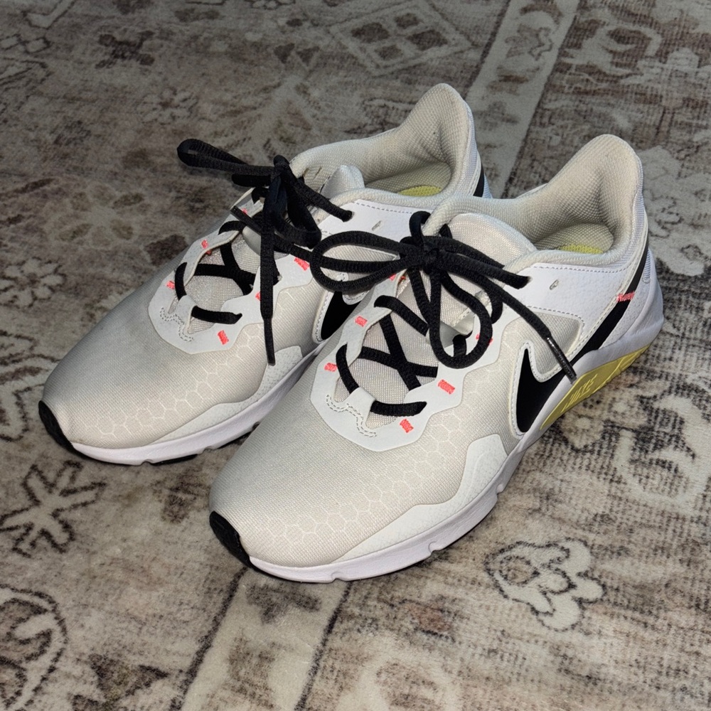 Nike White and Black Running Shoes with Yellow Accents